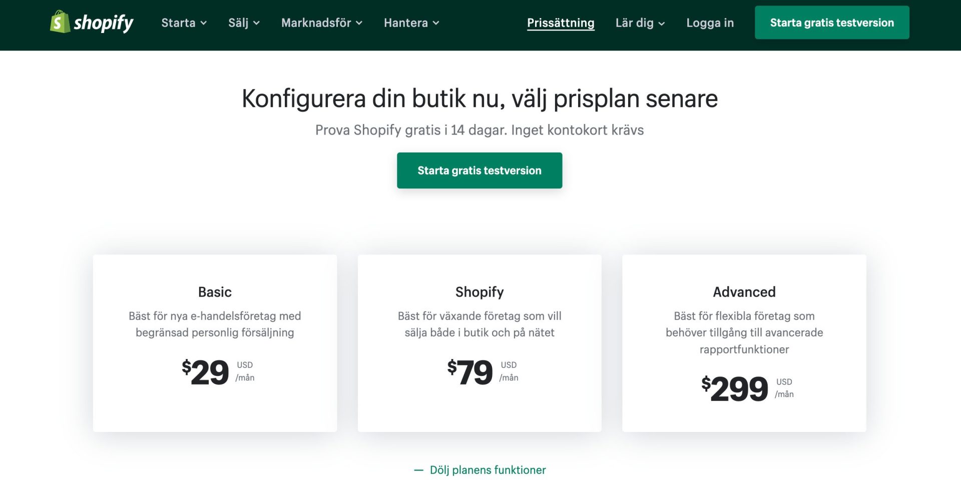 Shopifys planer och priser